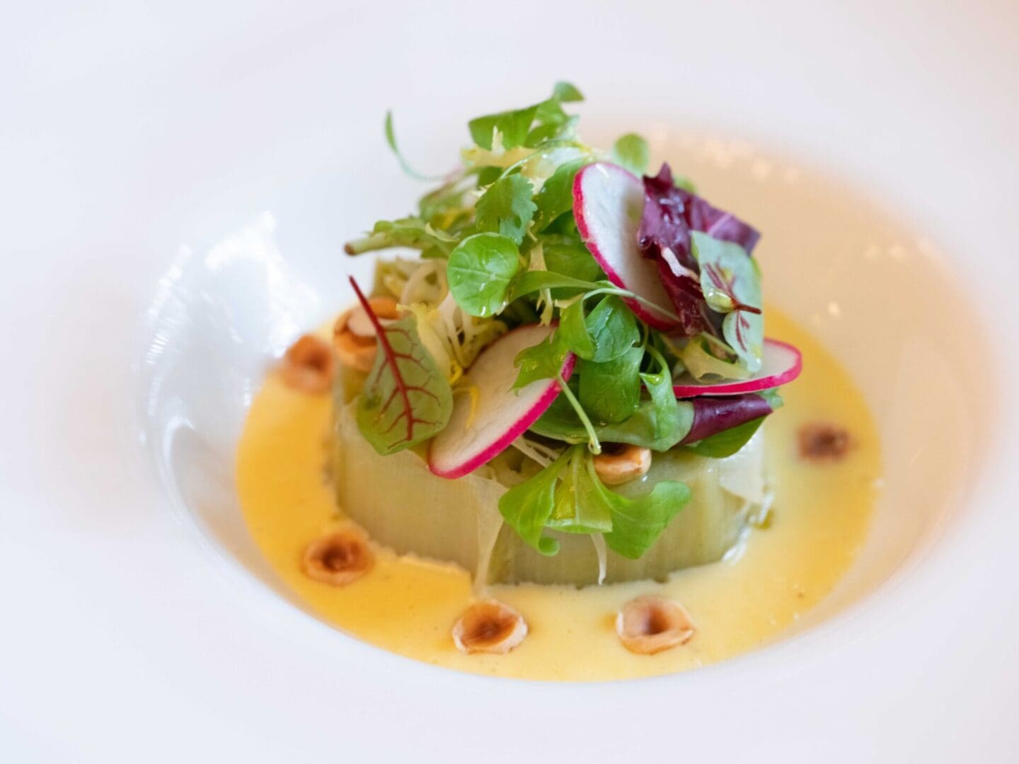 Green salad with radish on a white plate.