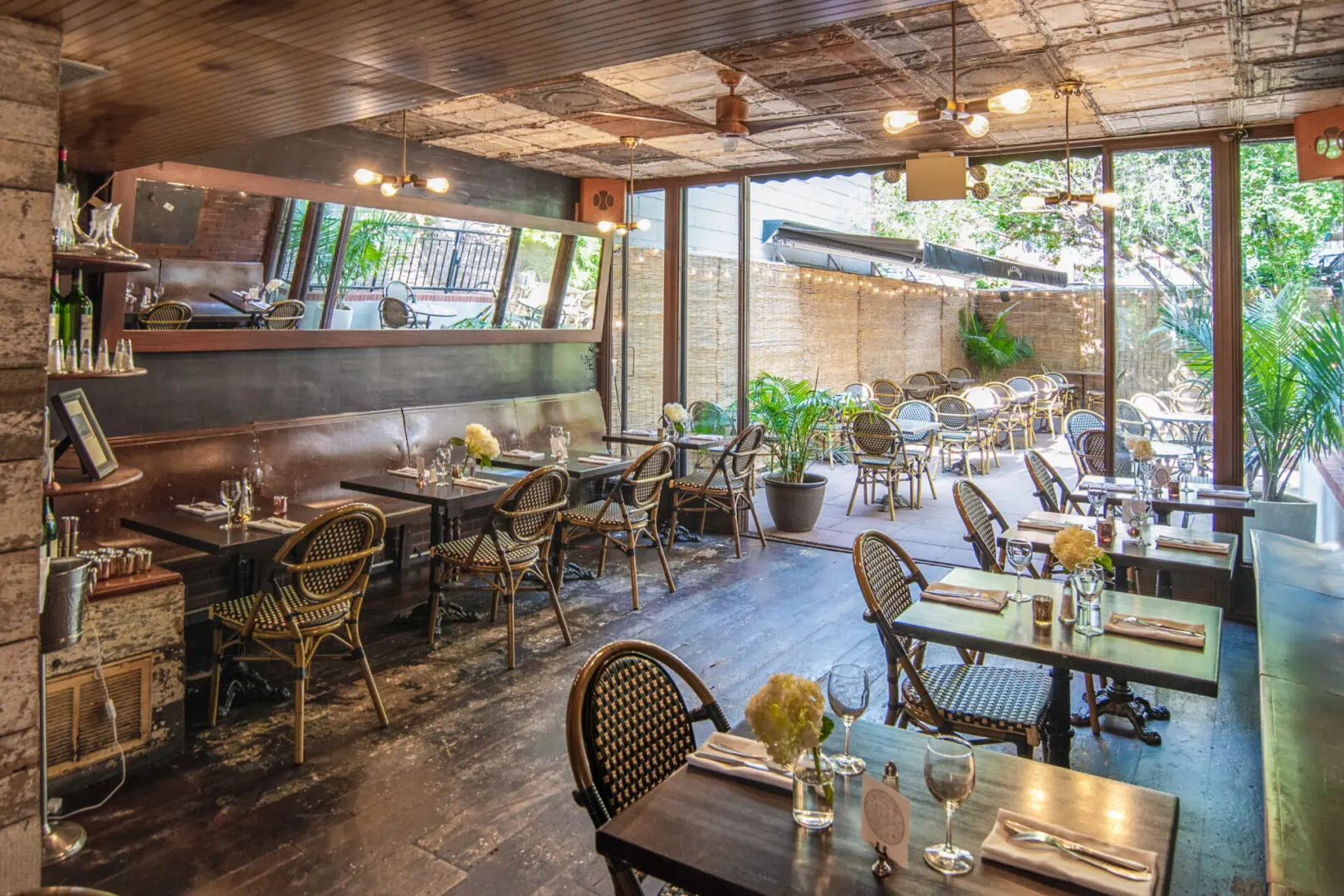 Indoor restaurant with patio seating.