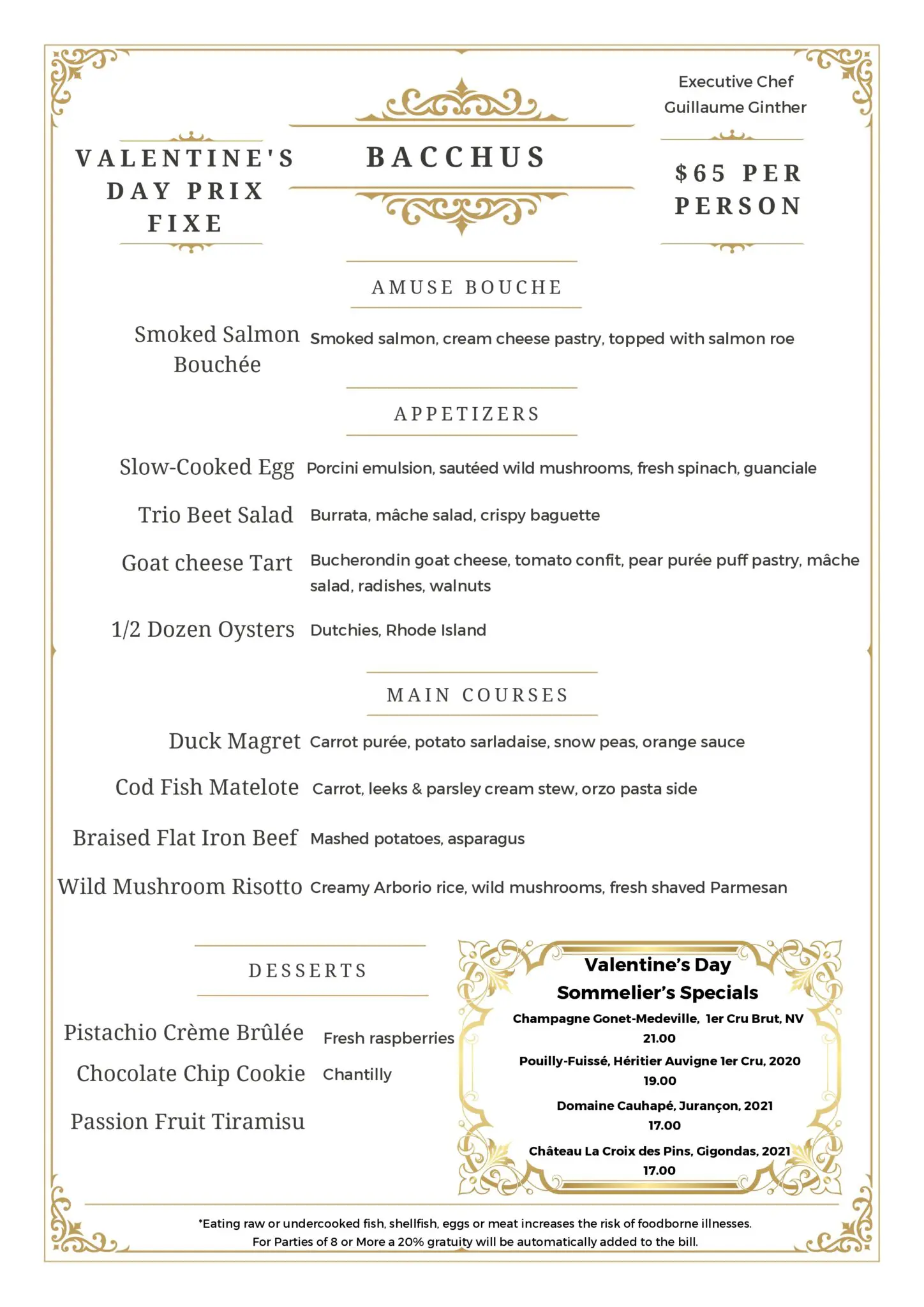 2025 Valentine's 65 Pre Fixe Menu