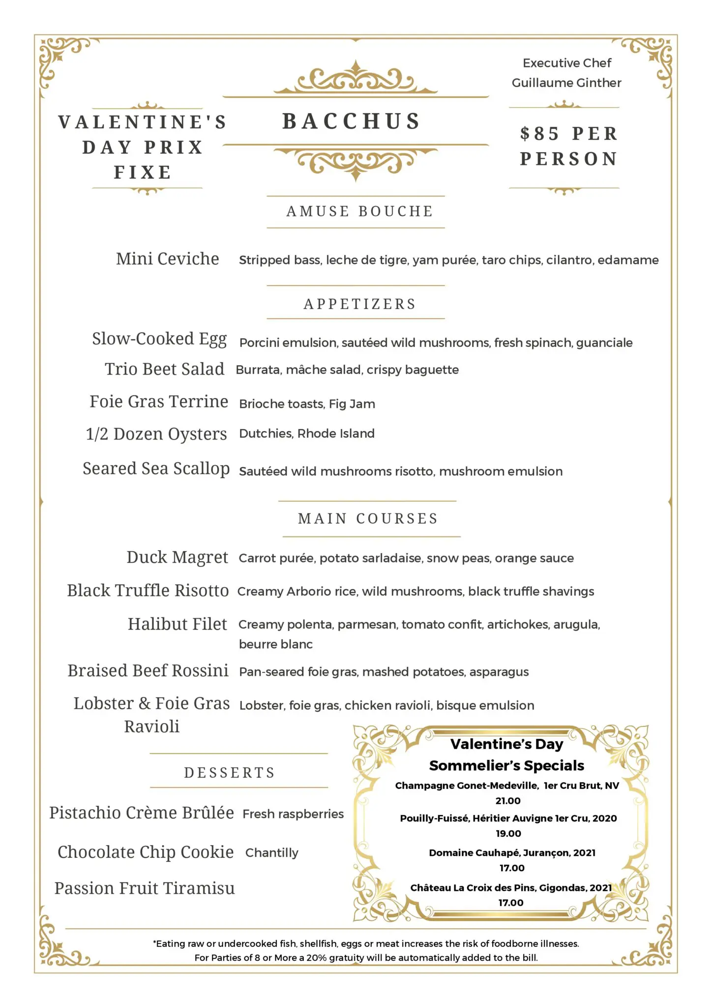 2025 Valentine's 85 Pre Fixe Menu