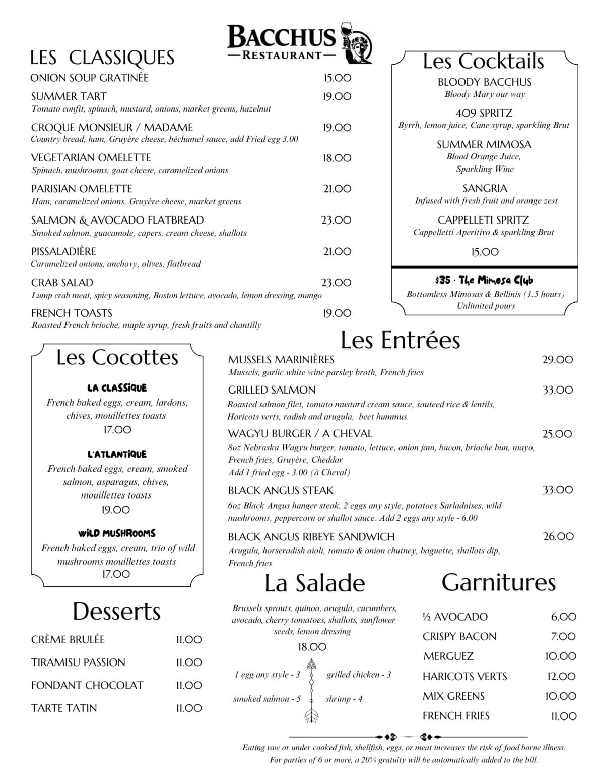 Bacchus Restaurant brunch menu featuring Les Classiques like Croque Monsieur and French toast, Les Cocottes baked eggs, Les Entrées including Wagyu burgers and steak, La Salade, Desserts, and a Les Cocktails section highlighting a bottomless Mimosa Club.