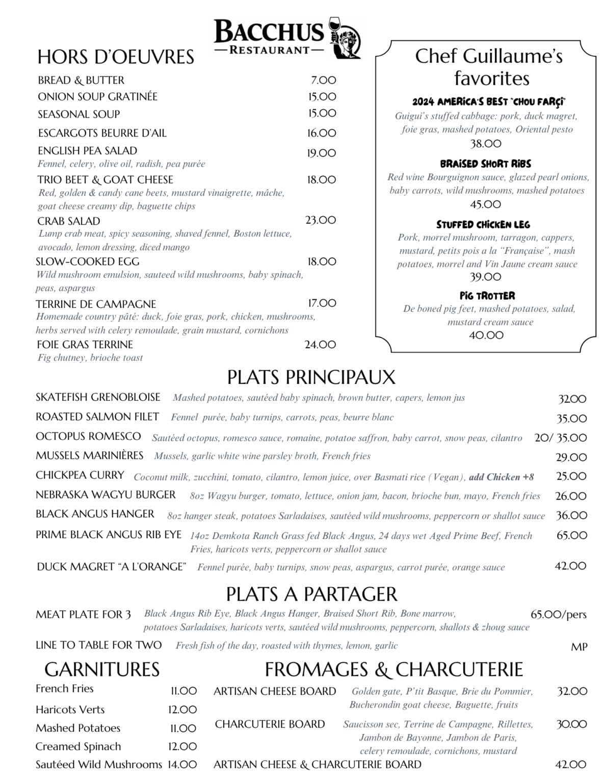 Bacchus Restaurant dinner menu displaying Hors D'oeuvres, Chef Guillaume's favorites like Chou Farçi and Pig Trotter, Plats Principaux including Duck Magret and Black Angus Rib Eye, Plats à Partager cheese and charcuterie boards, and side garnitures.