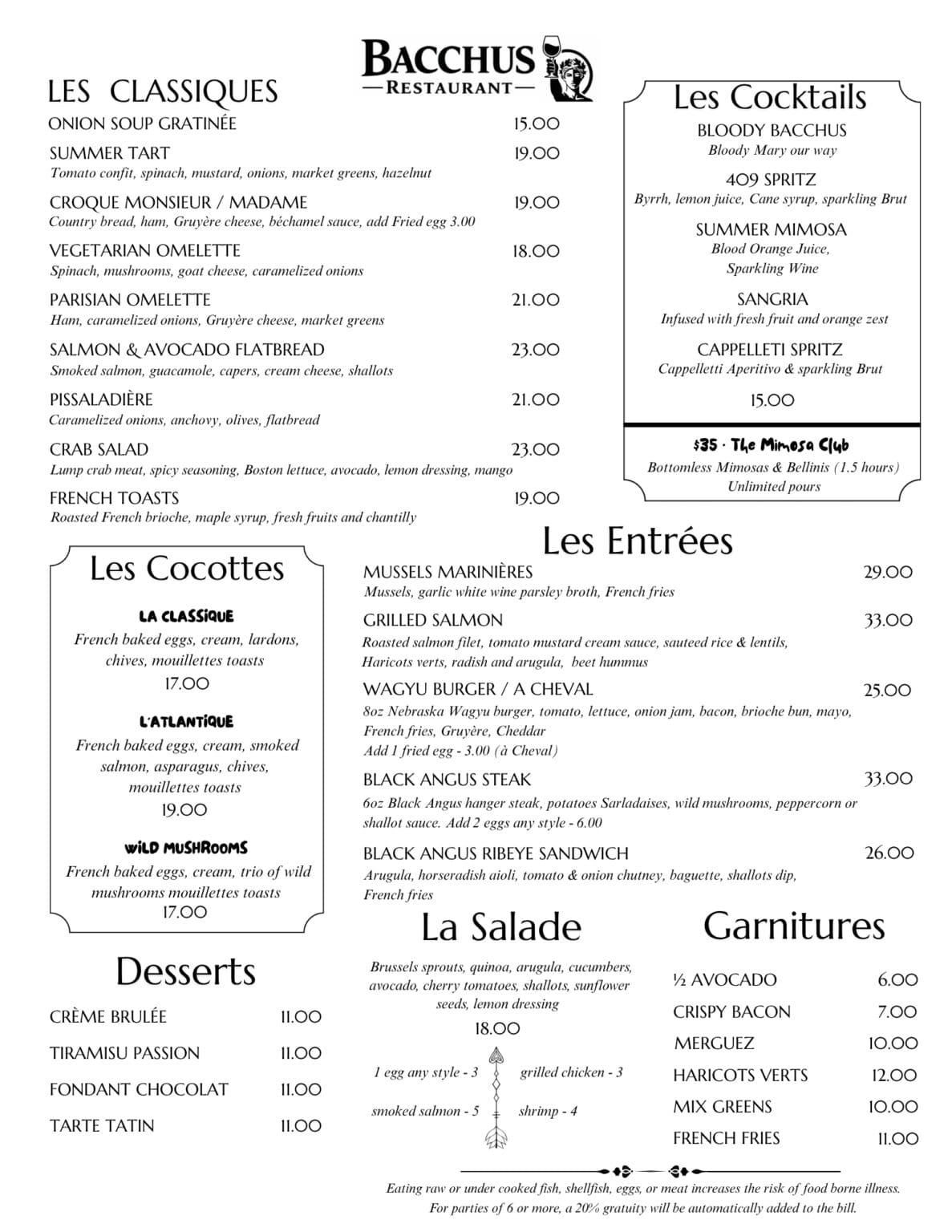 Bacchus Restaurant brunch menu featuring Les Classiques like Croque Monsieur and French toast, Les Cocottes baked eggs, Les Entrées including Wagyu burgers and steak, La Salade, Desserts, and a Les Cocktails section highlighting a bottomless Mimosa Club.