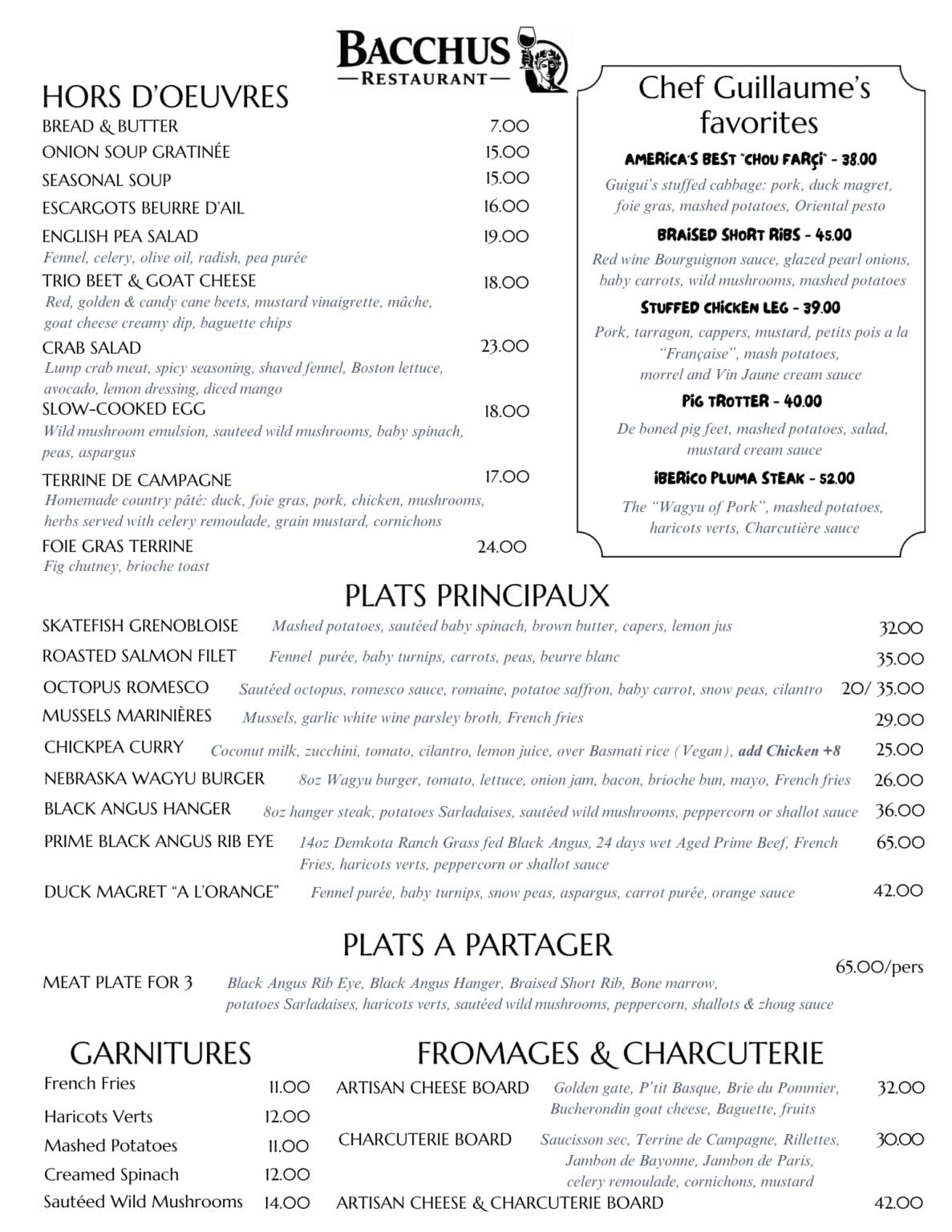 Bacchus Restaurant dinner menu displaying Hors D'oeuvres, Chef Guillaume's favorites like Chou Farçi and Pig Trotter, Plats Principaux including Duck Magret and Black Angus Rib Eye, Plats à Partager cheese and charcuterie boards, and side garnitures.