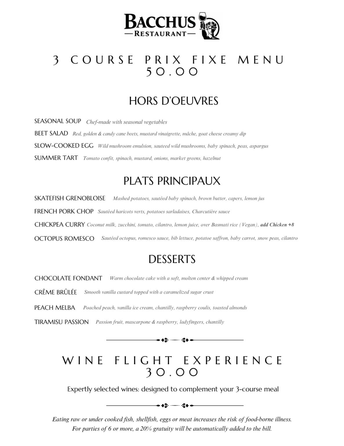 Bacchus Restaurant 3-Course Prix Fixe Menu priced at $50.00, showing choices for Hors D'oeuvres, Plats Principaux, and Desserts, with an optional expert Wine Flight Experience for $30.00.